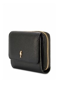 Czarny skórzany portfel z fakturowaną powierzchnią, złotym zamkiem i ozdobnym logo. Kompaktowy, prostokątny kształt z klapką do złożenia i wieloma przegródkami.