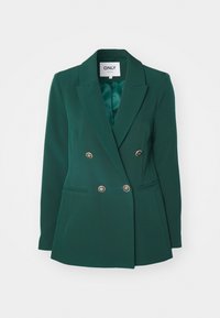 Blazer vert foncé à double boutonnage avec boutons dorés, coupe ajustée, col à revers cranté, et deux poches latérales, étiqueté "ONLY tailoring".
