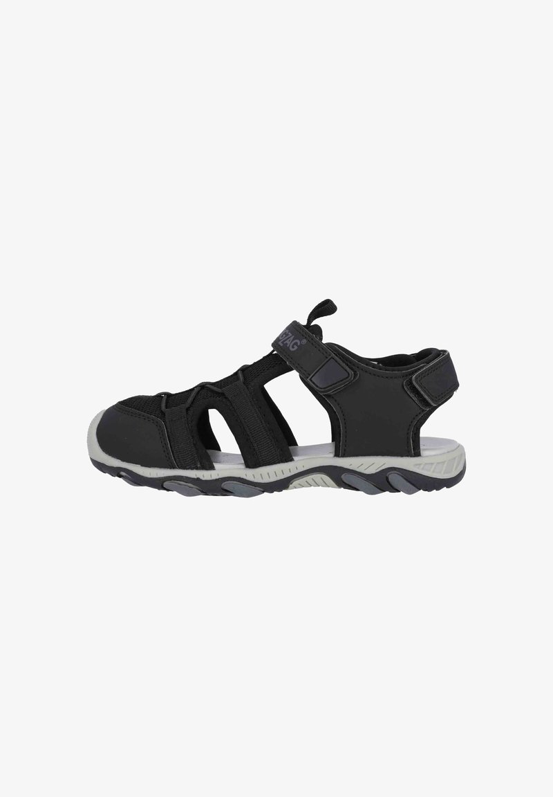Black sandals made of synthetic material with a Velcro strap, open toe, and textured sole featuring gray accents and cut-out details.