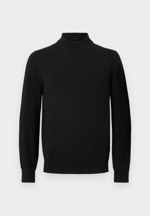 Fekete hosszú ujjú pulóver magas, bordázott álgarbónyakkal és bordázott mandzsettákkal, egyszerű szürke háttéren bemutatva.