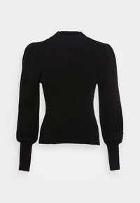 Černý žebrovaný pletený svetr s vysok ým límcem a nařasenými dlouhými rukávy, s přiléhavým střihem a strukturovanou látkou.