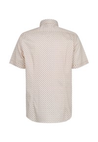 Kurzarmhemd in hellbeige mit geometrischem Muster. Weicher Stoff, gerader Schnitt und klassischer Kragen; die Rückseite zeigt ein einheitliches Design.