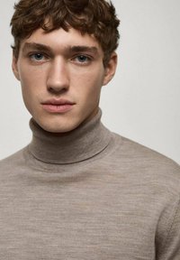 Ljusbrun polotröja i stickad kvalitet med en figurnära passform och slät textur, med subtila färgvariationer.