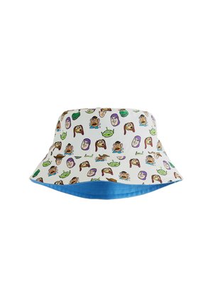Biely klobúk typu bucket s opakujúcimi sa tvárami kreslených postavičiek z Toy Story, vrátane Buzza Lightyeara, Woodyho a mimozemšťana, s modrým vnútorným poťahom.