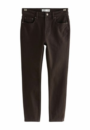 Brown denim pants with a slim fit, five pockets, and subtle stitching. Button and zipper closure; minimal hardware accents.