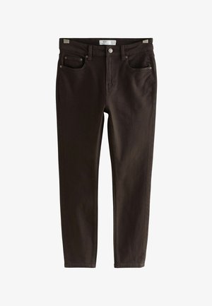 Brown denim pants with a slim fit, five pockets, and subtle stitching. Button and zipper closure; minimal hardware accents.
