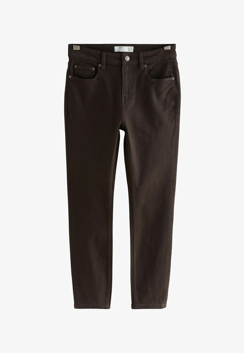 Pantaloni din denim maro, cu o croială slim, cinci buzunare și cusături subtile. Închidere cu nasture și fermoar; accente hardware minime.