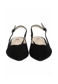 Scarpe slingback in suede nero con design a punta, cinturino regolabile alla caviglia e fodera interna liscia. Stile minimalista e classico.