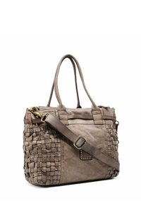 Sac à main en cuir gris avec texture tissée sur un côté, anses robustes et accents en métal doré. Forme compacte et rectangulaire.