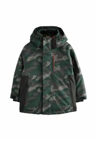 Camouflage jacket with a green, gray, and black pattern. Features a hood, zippered pockets, and a contrasting orange accent.