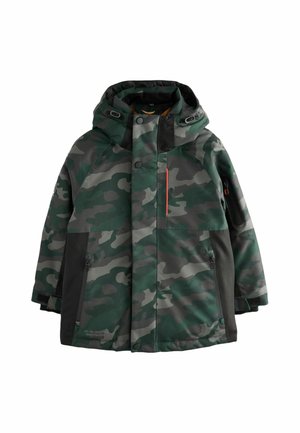 Camouflage jacket with a green, gray, and black pattern. Features a hood, zippered pockets, and a contrasting orange accent.