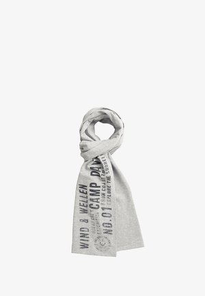 Light gray scarf with black printed text "WIND & WIELEN CAMP DAY NO.01" and a small anchor graphic, folded in a loop shape.