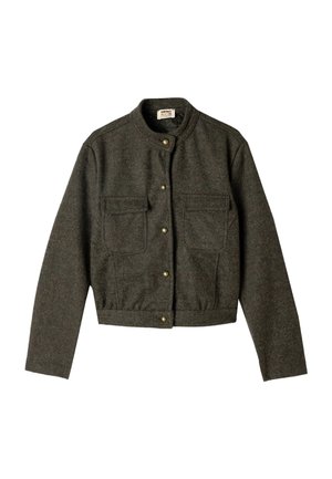 Donkergrijs cropped jasje van getextureerde wol, met een ronde kraag, een knoopsluiting aan de voorkant en twee borstzakken met messing accenten.
