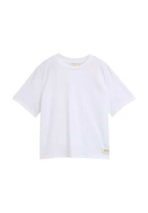 T-shirt en coton blanc avec un col rond et des manches courtes, présentant une petite étiquette de marque dans le coin inférieur gauche.