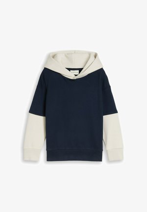 Sweat à capuche bleu marine avec manches longues beiges et capuche beige assortie, présenté à plat sur fond blanc.