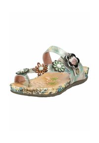 Sandale ouverte avec des accents floraux sur les brides, semelle rembourrée à motif et lanière pour l'orteil dans des tons pastel et terreux.