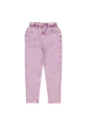 Fliederfarbene High-Waist-Denim-Jeans mit elastisch gerafftem Bund, vorderem Knopf, Reißverschluss sowie vorderen und hinteren Taschen.