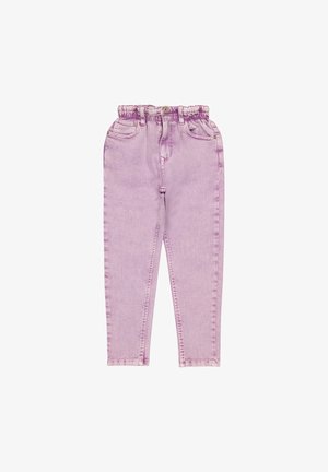 Jean en denim lilas taille haute avec ceinture élastique froncée, bouton devant, fermeture éclair et poches avant et arrière.