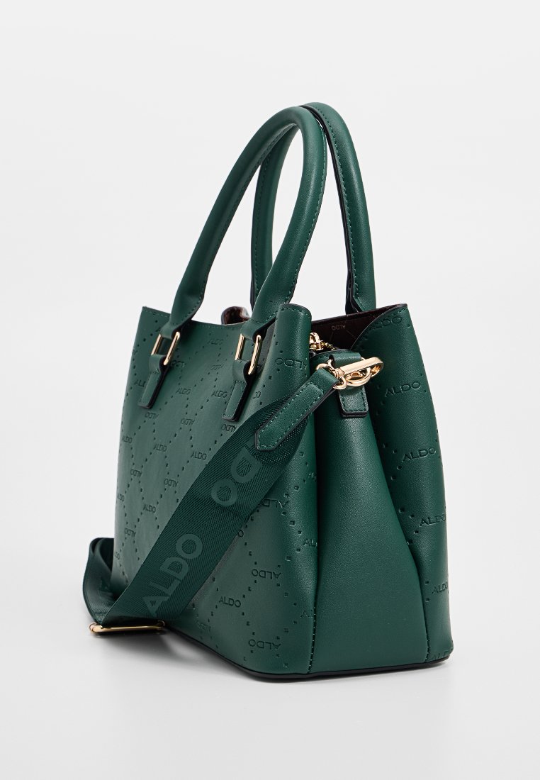 Sac à main structuré vert en matériau synthétique texturé, doté d'une quincaillerie dorée et d'un logo de marque embossé avec une bandoulière détachable.