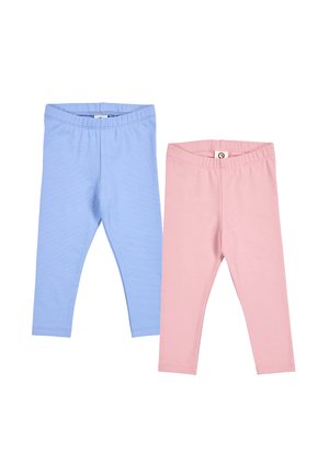 Deux paires de leggings en coton uni pour enfants, un bleu clair et un rose clair, tous deux avec des ceintures élastiques.