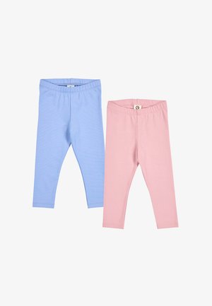 Zwei Paar schlichte Baumwollleggings für Kinder, ein hellblaues und ein hellrosa, beide mit elastischem Bund.