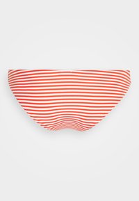 Parte de baixo de biquíni listrada em vermelho e branco, feita de um tecido liso e elástico com um design sem emendas. Apresenta um ajuste baixo para maior conforto.