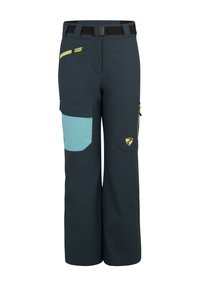 Pantaloni softshell blu navy con cintura nera, dettagli delle tasche azzurri, numerose tasche di stoccaggio e cerniere gialle. Resistenti, con vestibilità su misura.