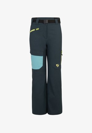 Pantalones softshell en color navy con un cinturón negro, acentos de bolsillo en azul claro, múltiples bolsillos de almacenamiento y cremalleras amarillas. Duraderos, con corte ajustado.