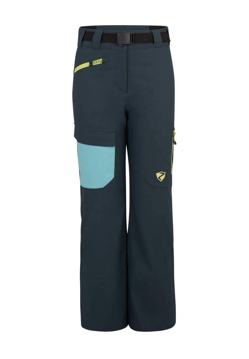 Pantaloni softshell blu navy con cintura nera, dettagli delle tasche azzurri, numerose tasche di stoccaggio e cerniere gialle. Resistenti, con vestibilità su misura.