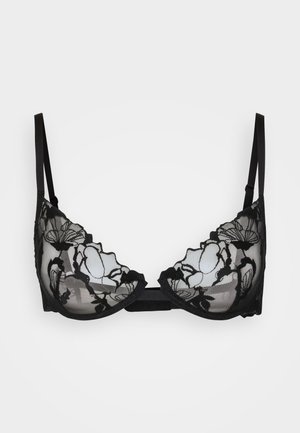 Sostén de encaje negro con bordado floral, copas transparentes y bordes festoneados; tirantes ajustables y cierre trasero con gancho y ojo.
