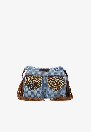 Blue and white checkered fabric handbag with frayed edges, brown fringe sides, and two front leopard print pockets with zippers.