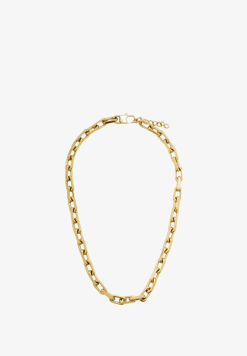 Złoty naszyjnik łańcuszkowy oferujący splecione ogniwa w kształcie owala. Zawiera zapięcie z regulowanym przedłużeniem.