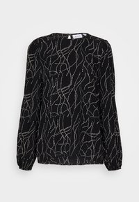 Blusa nera con maniche lunghe e scollo rotondo, realizzata in un tessuto fluido decorato con linee argento curve in tutto il suo splendore.