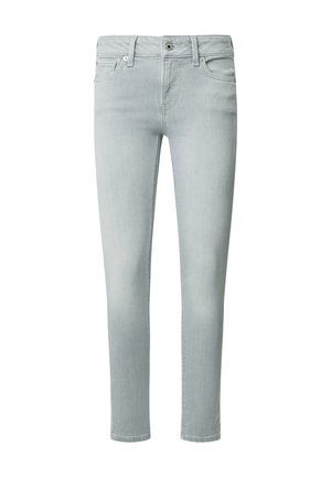 Light gray denim jeans with a slim fit, five-pocket design, zip fly, and button closure. Features a faded texture and minimalistic stitching.