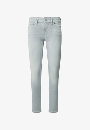 Hellgraue Denim-Jeans mit Slim-Fit, fünf Taschen, Reißverschluss und Knopfverschluss. Sie besitzen eine ausgebleichte Textur und minimalistische Nähte.