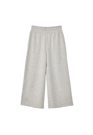 Hellgraue Hosen mit weitem Bein, elastischem Bund und seitlichen Taschen, aus weichem, strukturiertem Stoff.