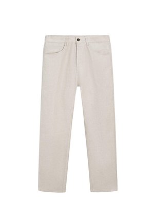 Pantalon beige clair à jambes droites avec fermeture avant par bouton et zip, passants de ceinture et deux poches avant sur fond blanc.