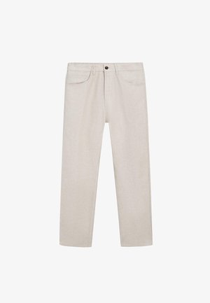 Pantalon beige clair à jambes droites avec fermeture avant par bouton et zip, passants de ceinture et deux poches avant sur fond blanc.