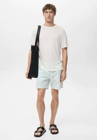 Ljusgrå t-shirt, mintgrön randig shorts, svart tygväska och svarta sandaler. Avslappnad outfit med lös passform och enkel design.