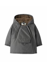 Giacca grigia per toddler con cappuccio foderato in tessuto marrone morbido, alette frontali asimmetriche e polsini elasticizzati sulle maniche.