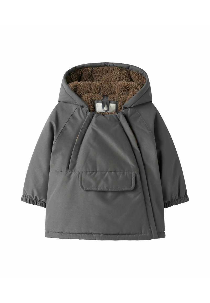 Giacca grigia per toddler con cappuccio foderato in tessuto marrone morbido, alette frontali asimmetriche e polsini elasticizzati sulle maniche.