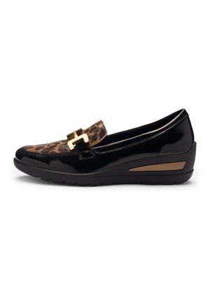 Black patent leather wedge loafer with leopard print front panel and gold metal buckle detail, rubber sole, and side tan accent.