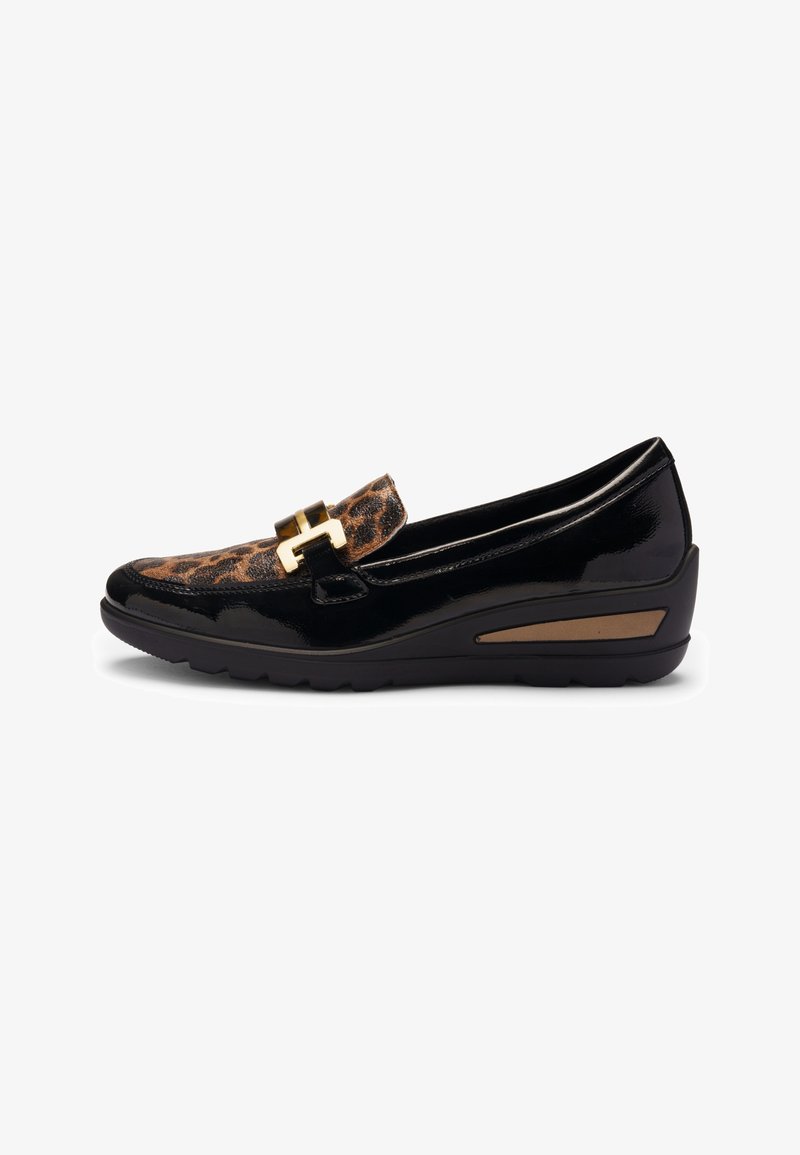 Black patent leather wedge loafer with leopard print front panel and gold metal buckle detail, rubber sole, and side tan accent.