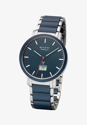 Analog wristwatch with blue dial, white hour markers, red second hand, digital temperature display, and silver-blue metal strap.