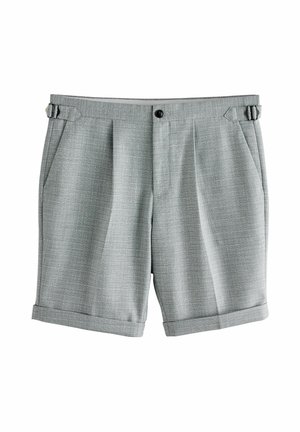 Shorts grii croiți dintr-un material texturat, dotate cu sistem de închidere cu nasturi, pliuri și buzunare laterale cu benzi ajustabile la talie.