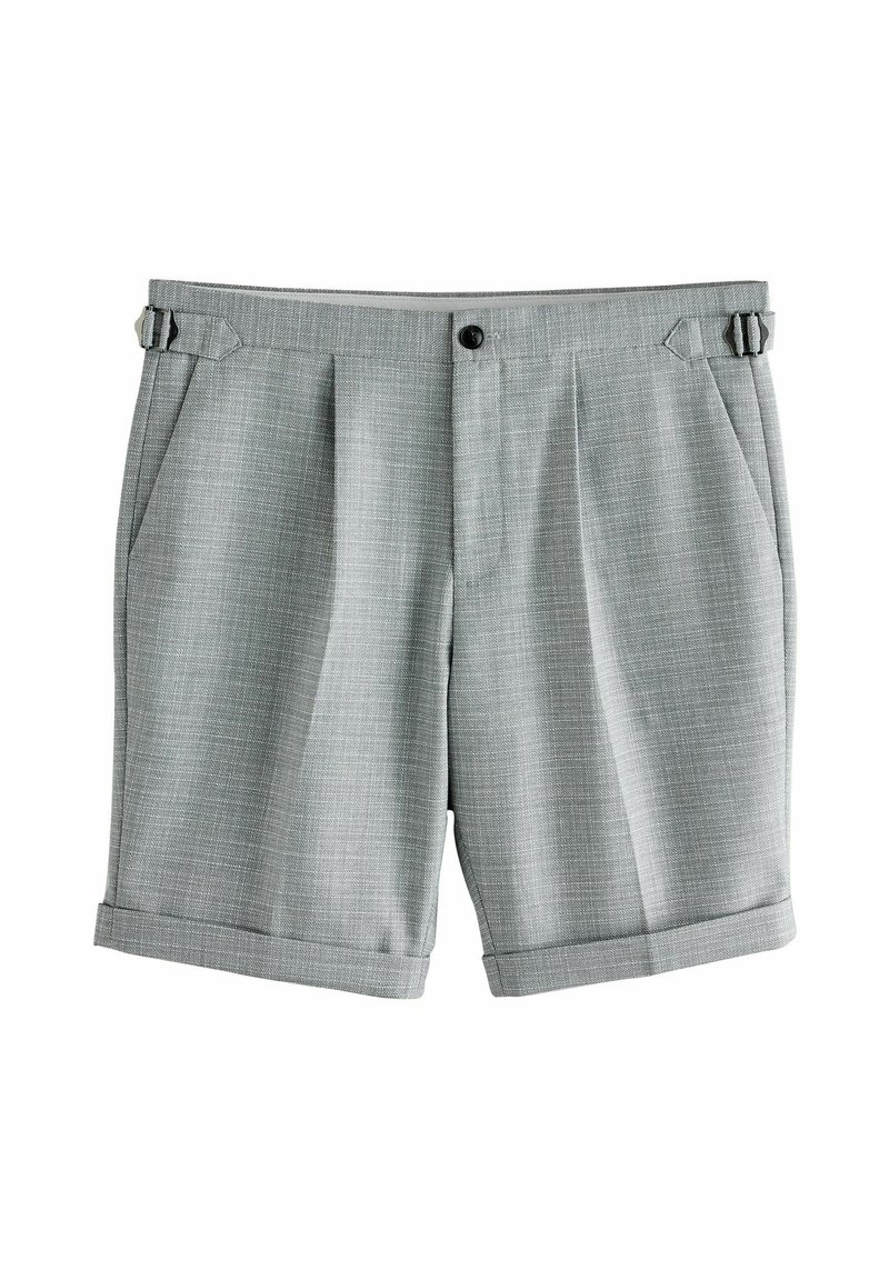 Grijze op maat gemaakte shorts van een gestructureerde stof, met een knoopsluiting, plooien en zijzakken met verstelbare tabs bij de taille.