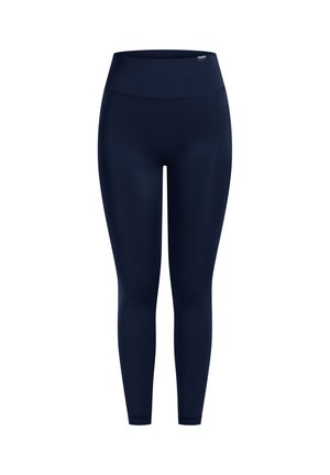 Marineblå leggings med høj talje, lavet af et glat, strækbart stof. Har en tætsiddende design for nem bevægelse og komfort.