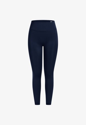Marineblå leggings med høj talje, lavet af et glat, strækbart stof. Har en tætsiddende design for nem bevægelse og komfort.
