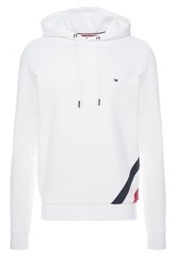 Witte hoodie van een katoenmix, met zwarte en rode accenten aan de zijkant, trekkoorden en een klein logo op de borst.