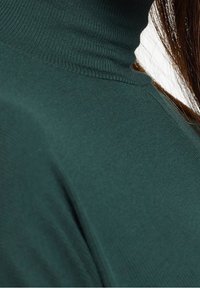 Maglione a collo alto verde scuro, texture a coste, design aderente, colletto alto, tessuto liscio, cuciture minime, vista ravvicinata sul girocollo.
